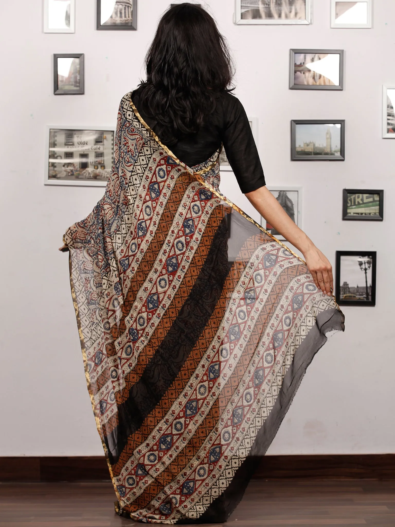 Grey Maroon Beige Hand Block Printed Chiffon Saree with Zari Border - S031703503