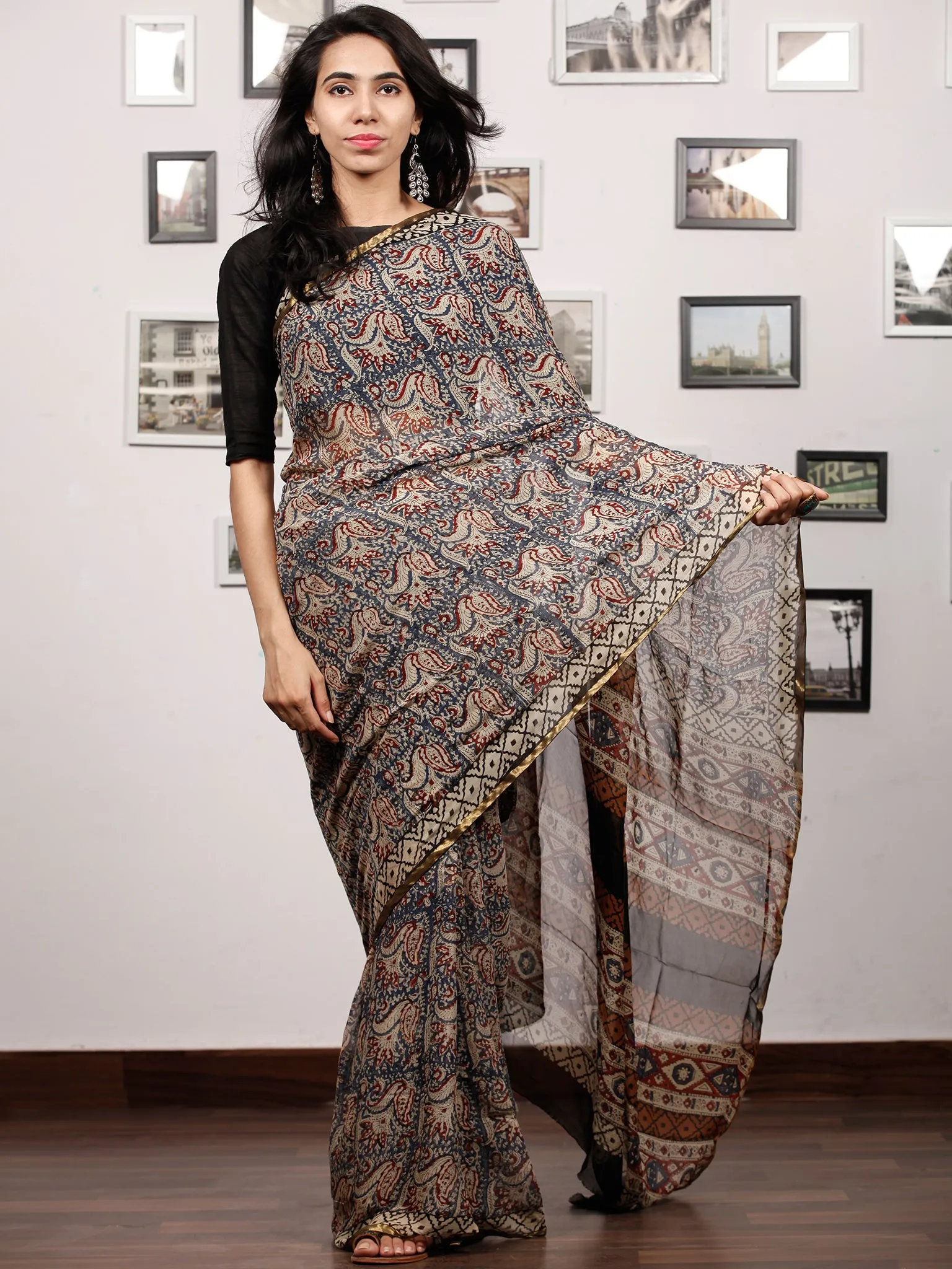 Grey Maroon Beige Hand Block Printed Chiffon Saree with Zari Border - S031703503