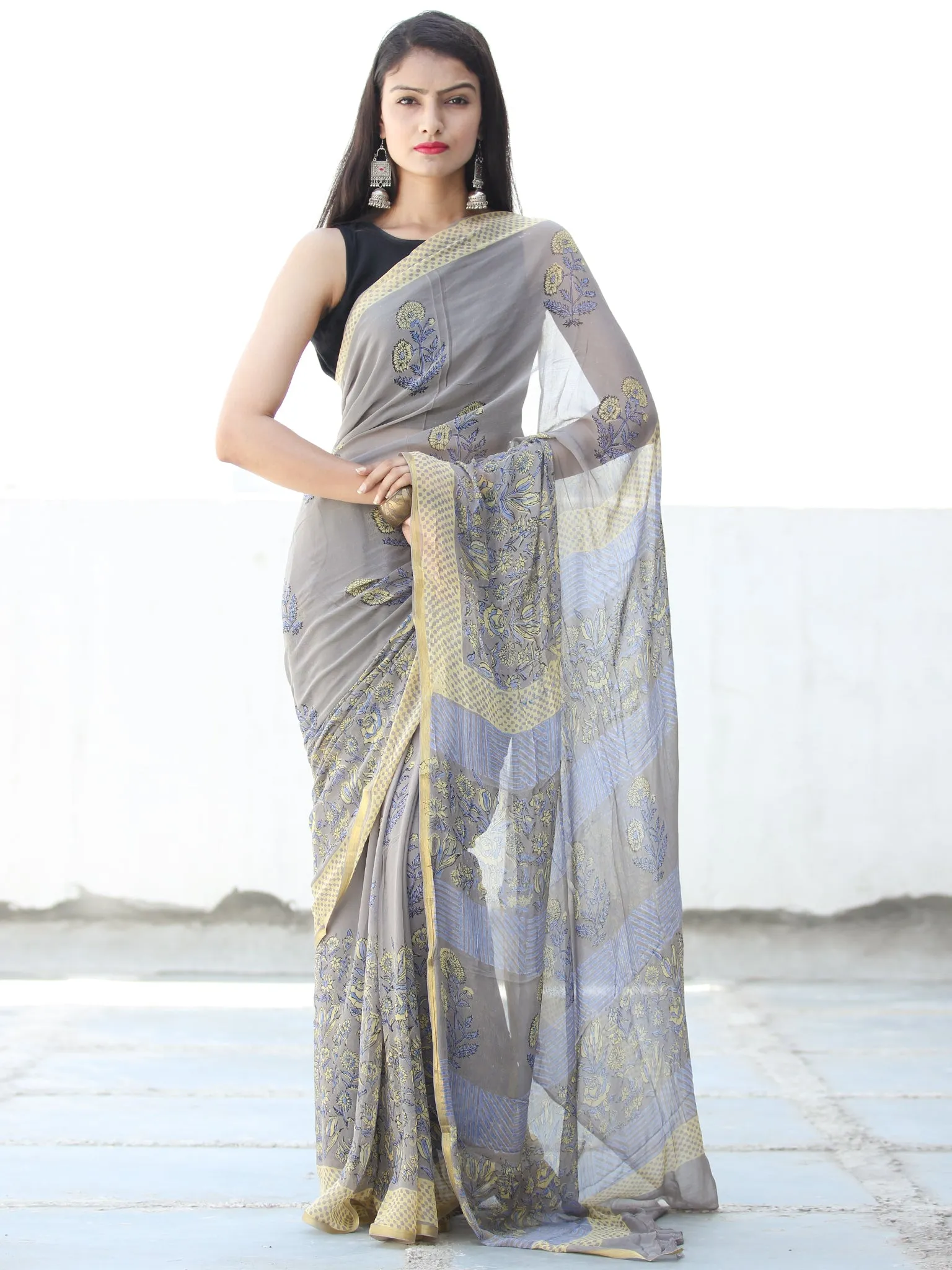 Grey Yellow Hand Block Printed Chiffon Saree with Zari Border - S031703925