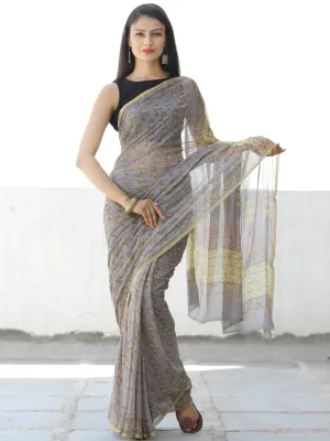 Grey Yellow Hand Block Printed Chiffon Saree with Zari Border - S031703955