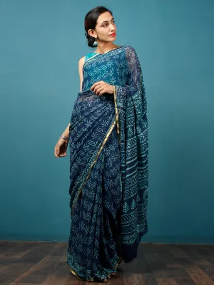 Indigo Blue Hand Block Printed Chiffon Saree with Zari Border - S031702814