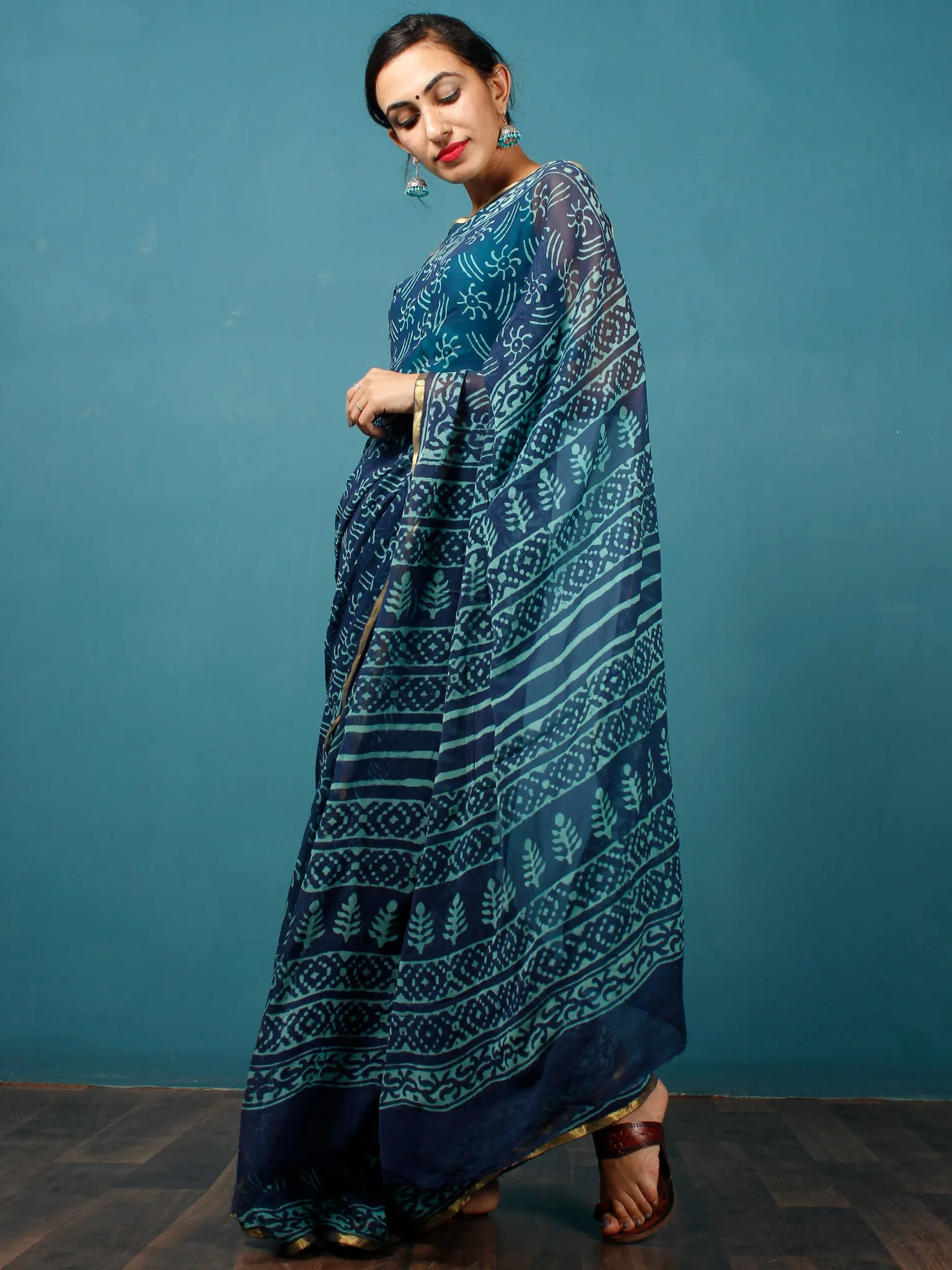 Indigo Blue Hand Block Printed Chiffon Saree with Zari Border - S031702814