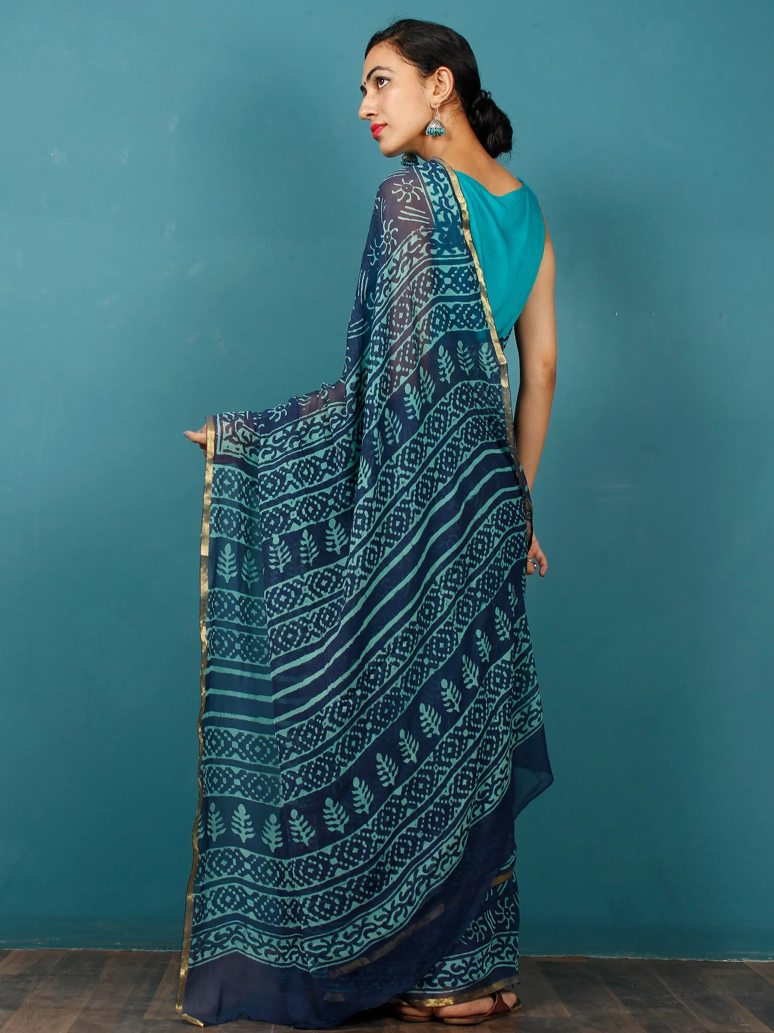 Indigo Blue Hand Block Printed Chiffon Saree with Zari Border - S031702814