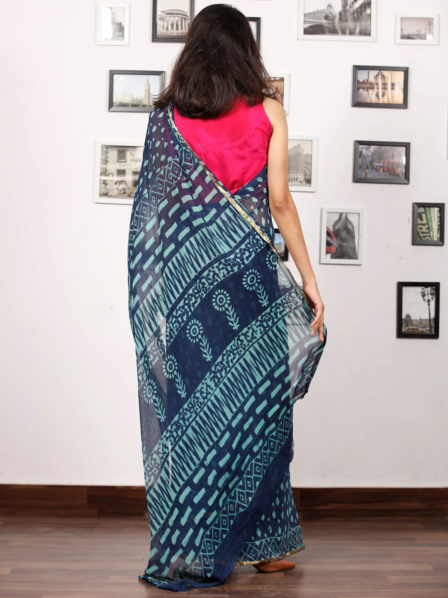 Indigo Blue Hand Block Printed Chiffon Saree with Zari Border - S031703155