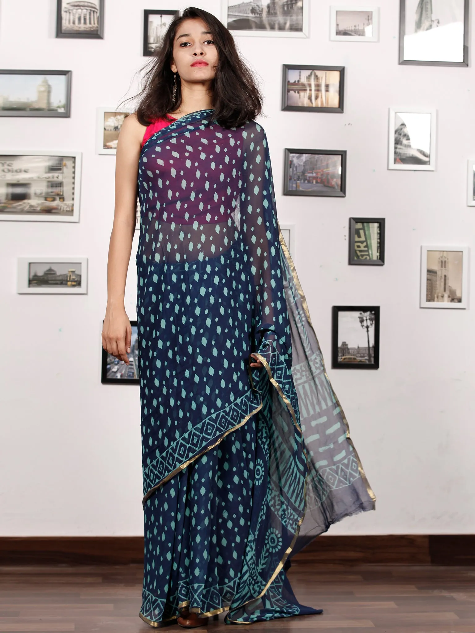 Indigo Blue Hand Block Printed Chiffon Saree with Zari Border - S031703155