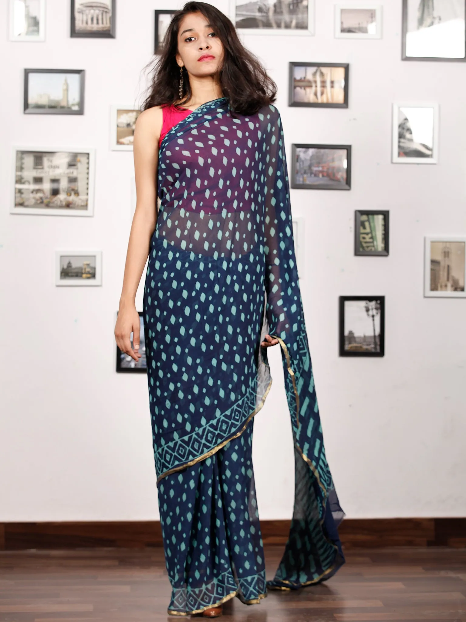 Indigo Blue Hand Block Printed Chiffon Saree with Zari Border - S031703155