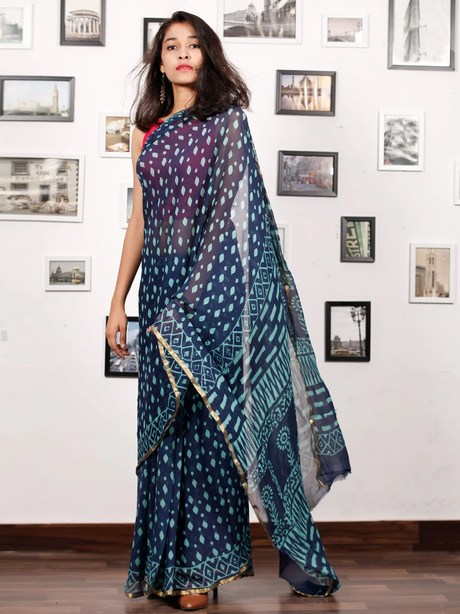 Indigo Blue Hand Block Printed Chiffon Saree with Zari Border - S031703155