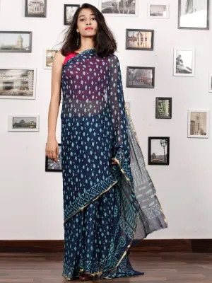 Indigo Blue Hand Block Printed Chiffon Saree with Zari Border - S031703155