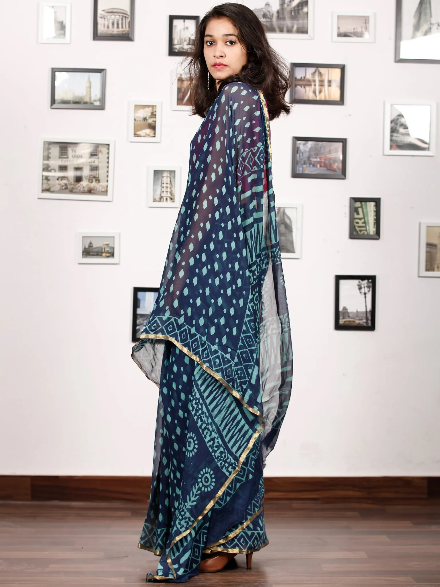 Indigo Blue Hand Block Printed Chiffon Saree with Zari Border - S031703155