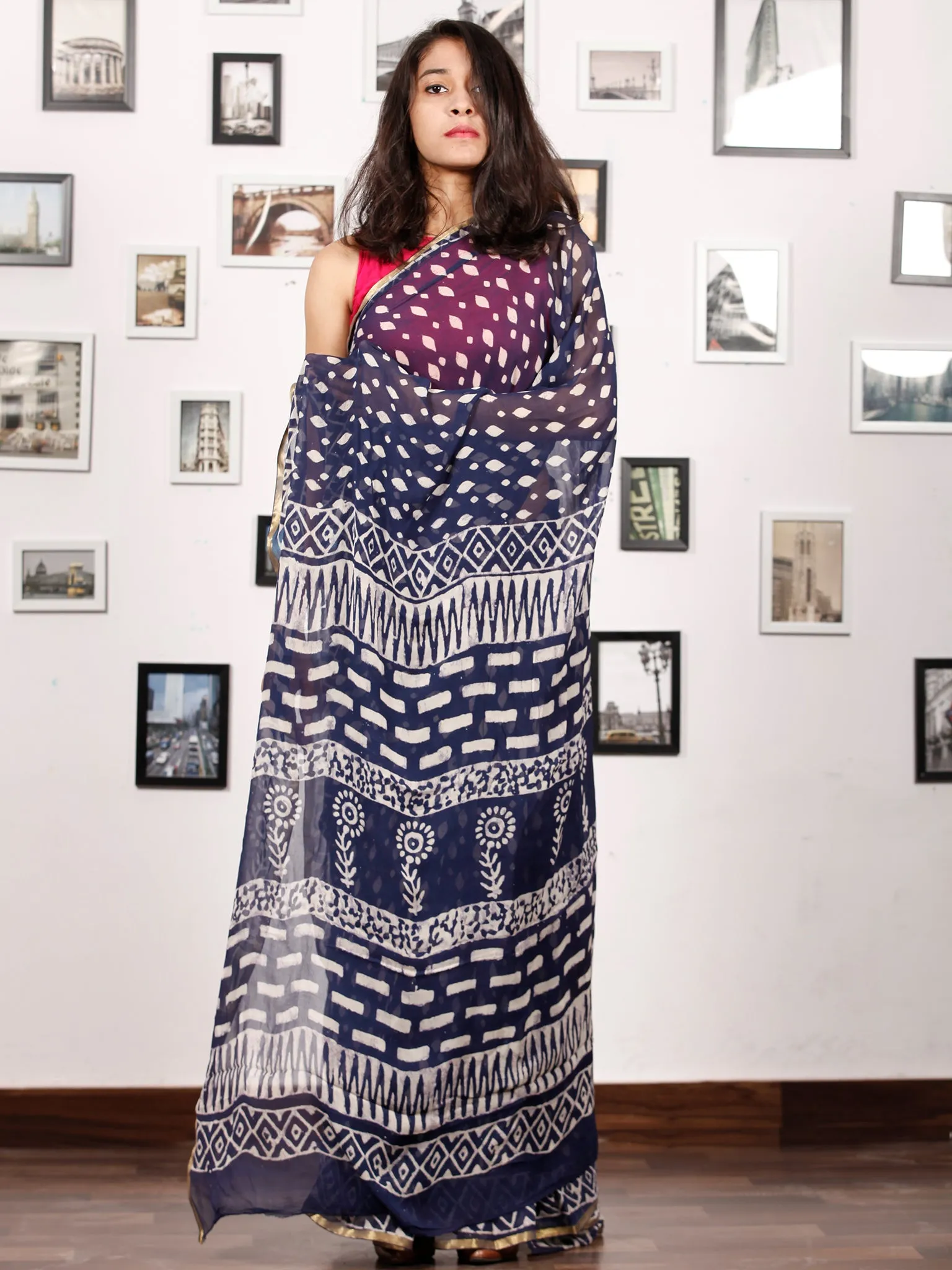 Indigo White Hand Block Printed Chiffon Saree with Zari Border - S031703159