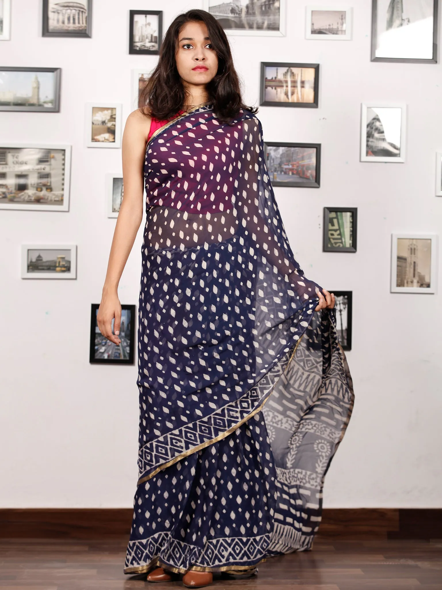 Indigo White Hand Block Printed Chiffon Saree with Zari Border - S031703159