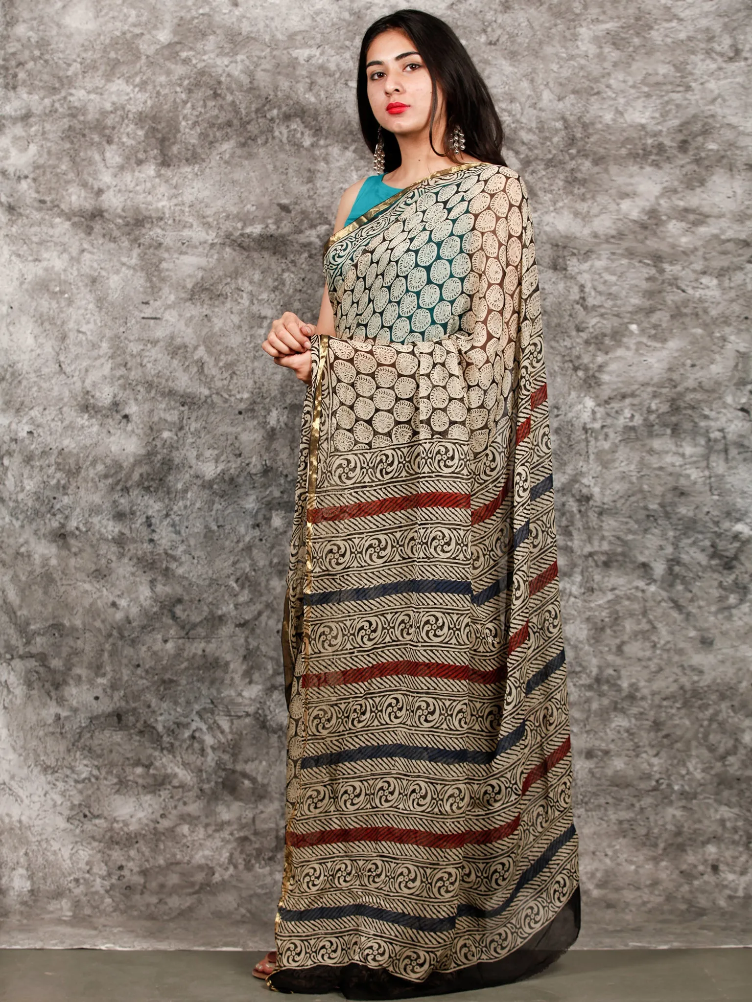 Ivory Black Hand Block Printed Chiffon Saree with Zari Border - S031703220