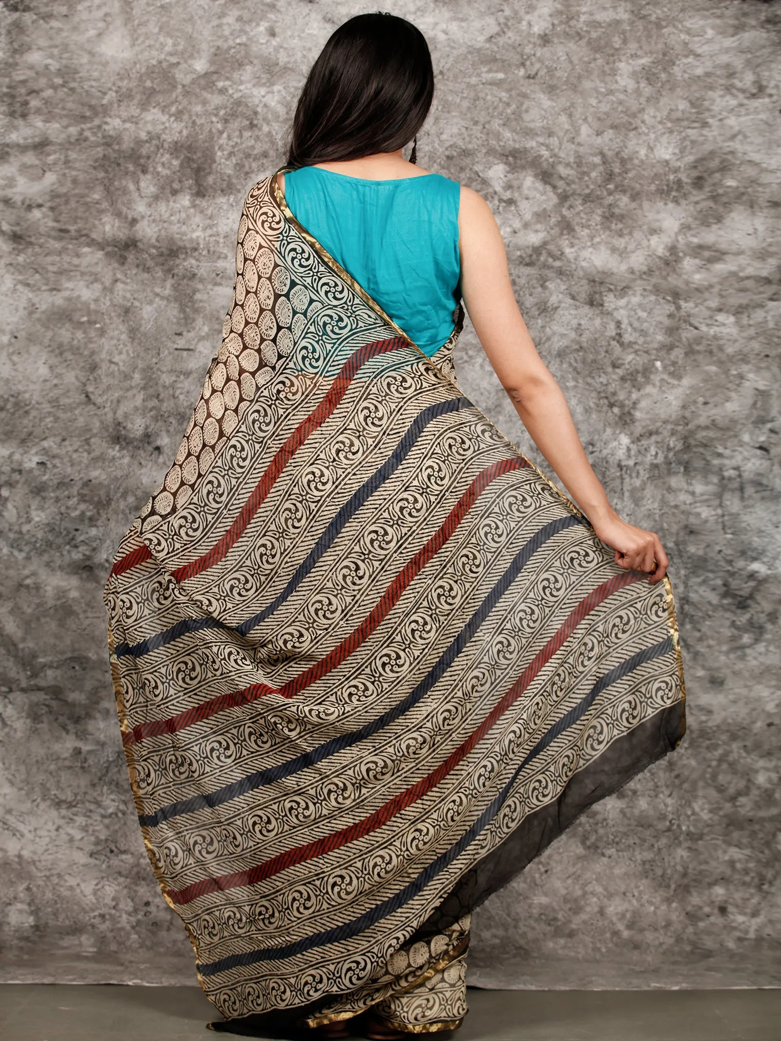 Ivory Black Hand Block Printed Chiffon Saree with Zari Border - S031703220