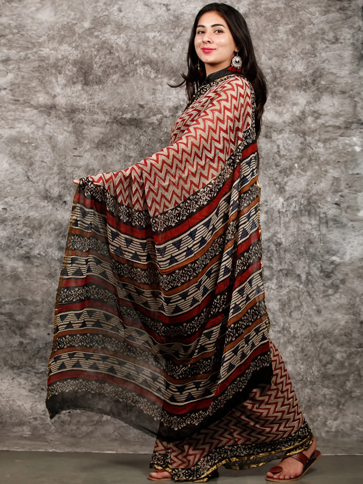 Ivory Black Maroon Hand Block Printed Chiffon Saree with Zari Border - S031703226
