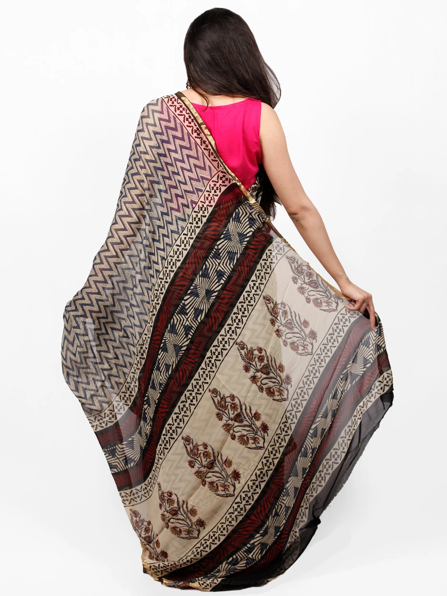 Ivory Indigo Black Hand Block Printed Chiffon Saree with Zari Border - S031703266