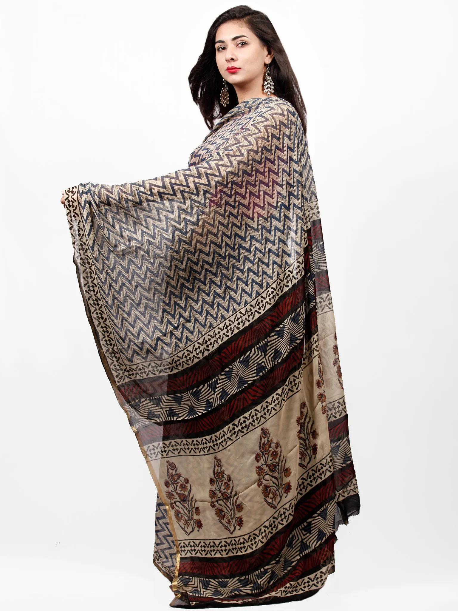 Ivory Indigo Black Hand Block Printed Chiffon Saree with Zari Border - S031703266