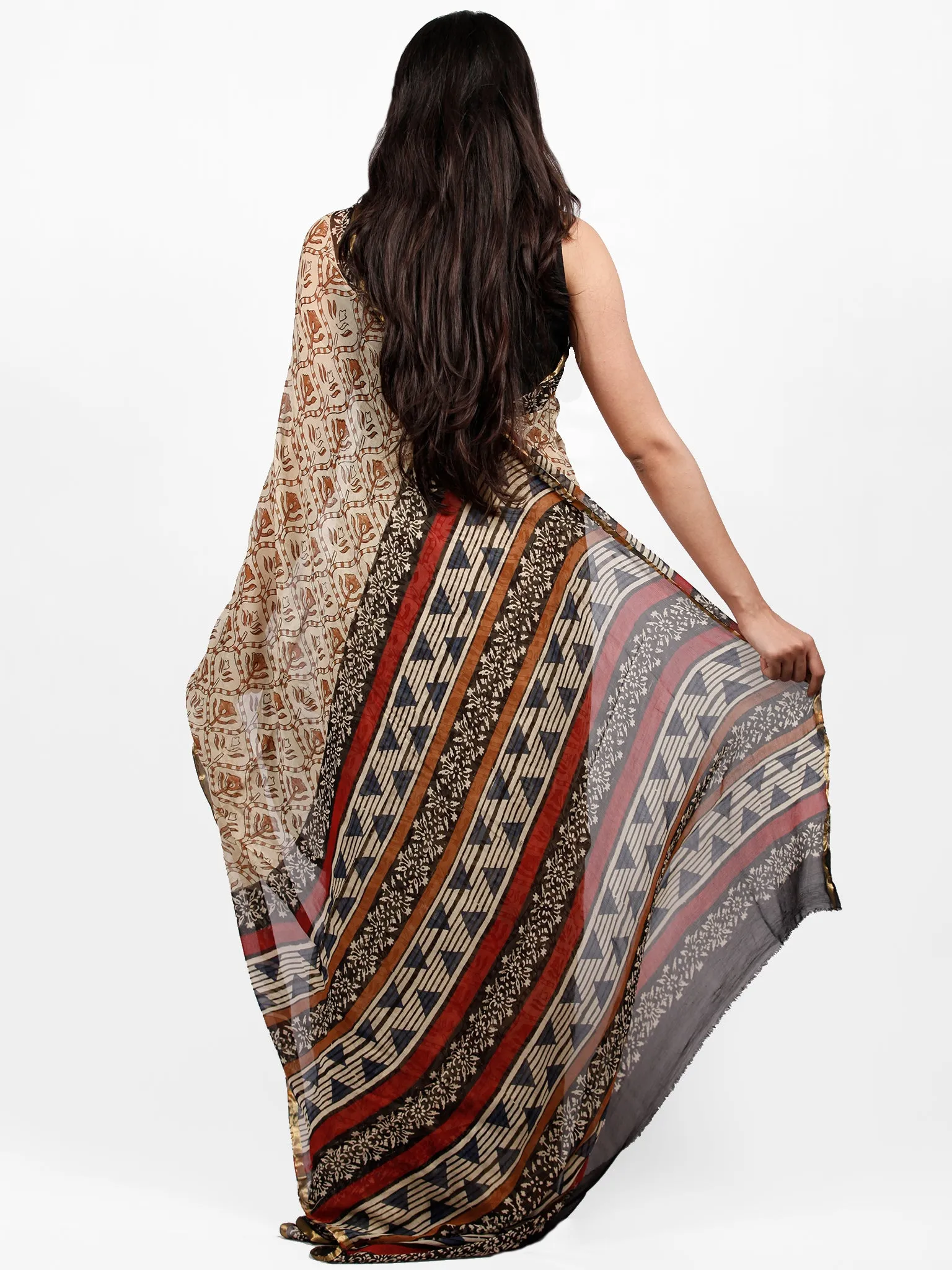 Ivory Rust Black Hand Block Printed Chiffon Saree with Zari Border - S031703257