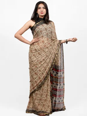 Ivory Rust Black Hand Block Printed Chiffon Saree with Zari Border - S031703257