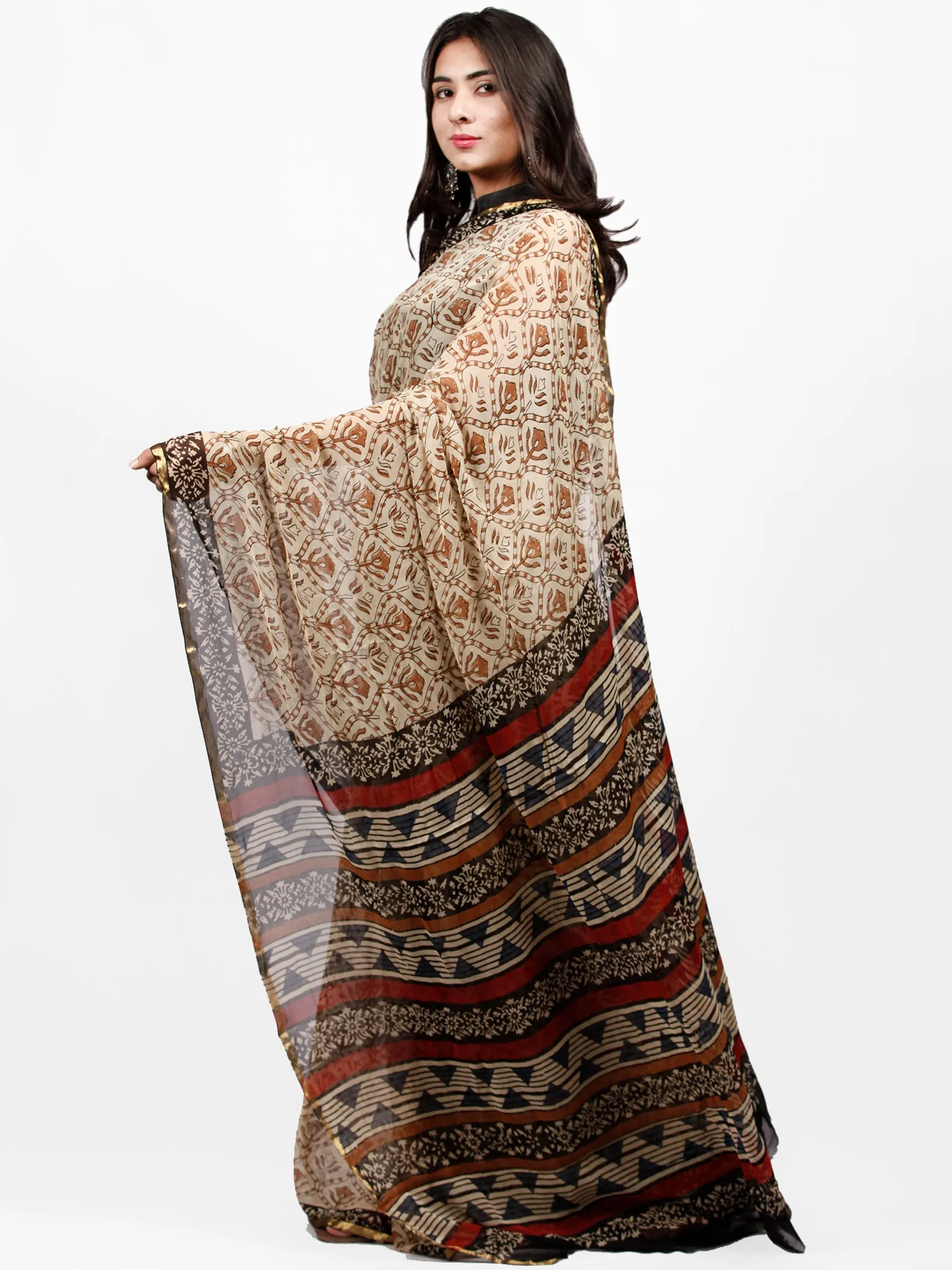 Ivory Rust Black Hand Block Printed Chiffon Saree with Zari Border - S031703257