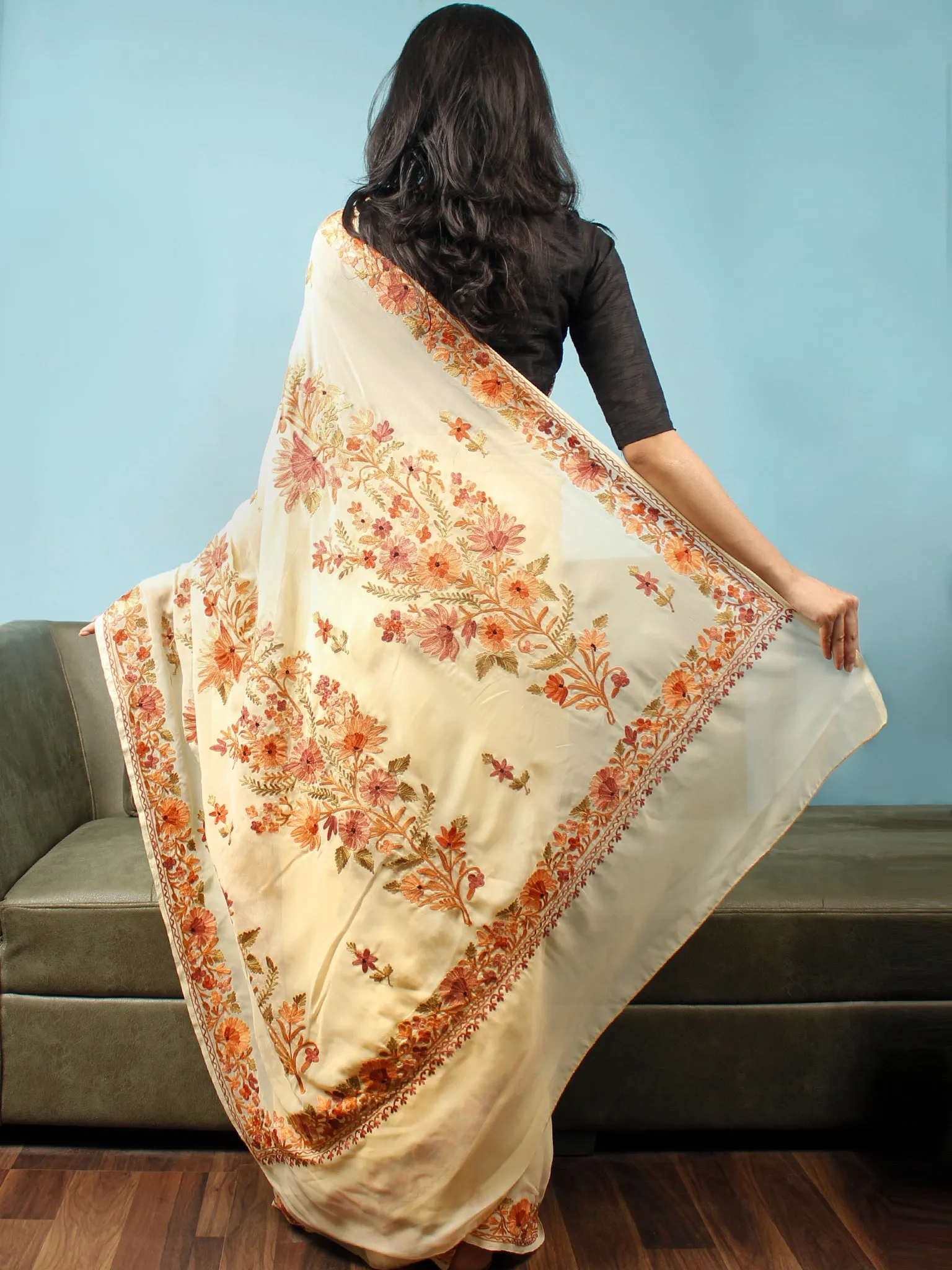 Ivory Rust Peach Aari Embroidered Chiffon Saree From Kashmir  - S031704063
