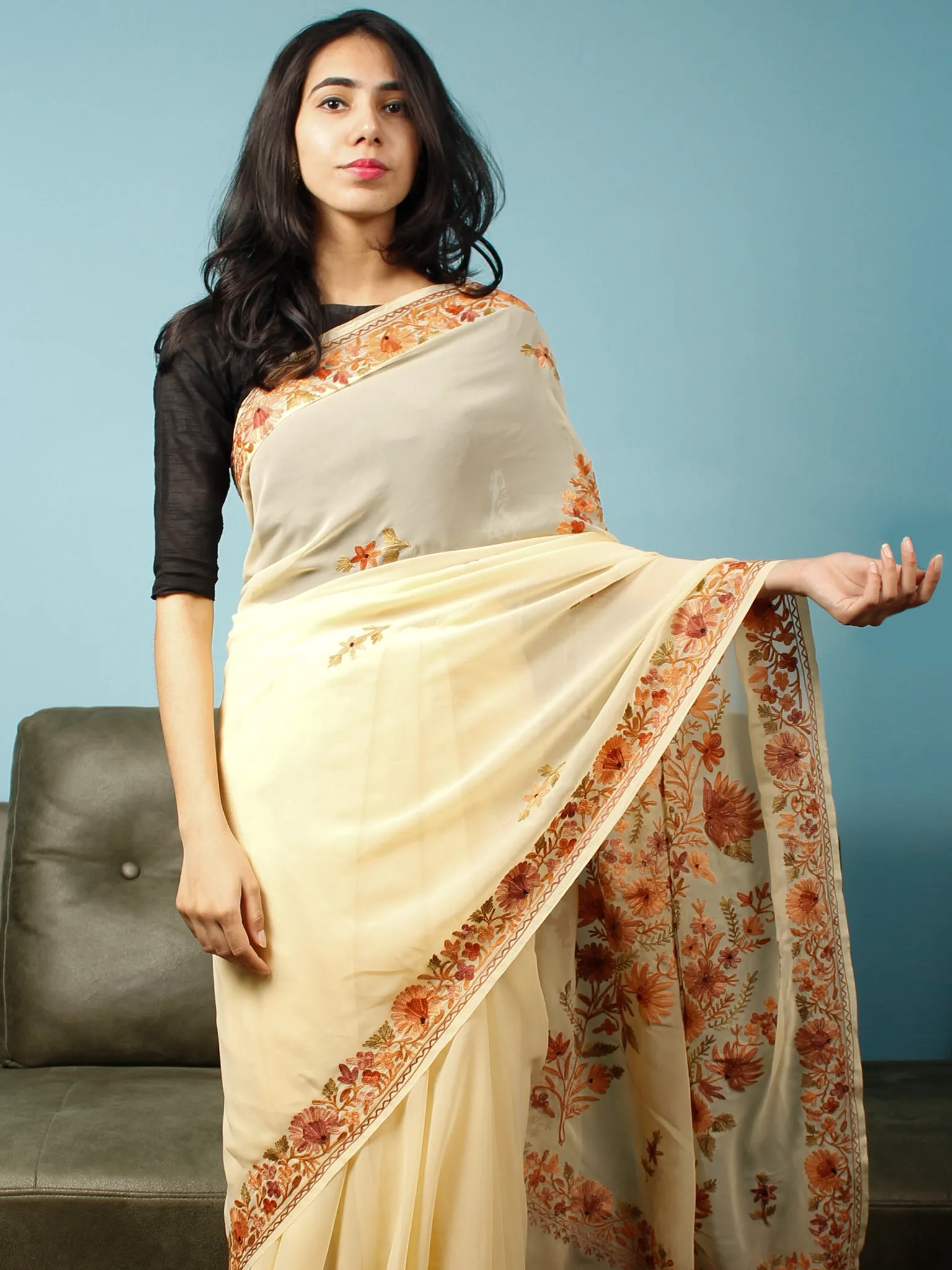 Ivory Rust Peach Aari Embroidered Chiffon Saree From Kashmir  - S031704063