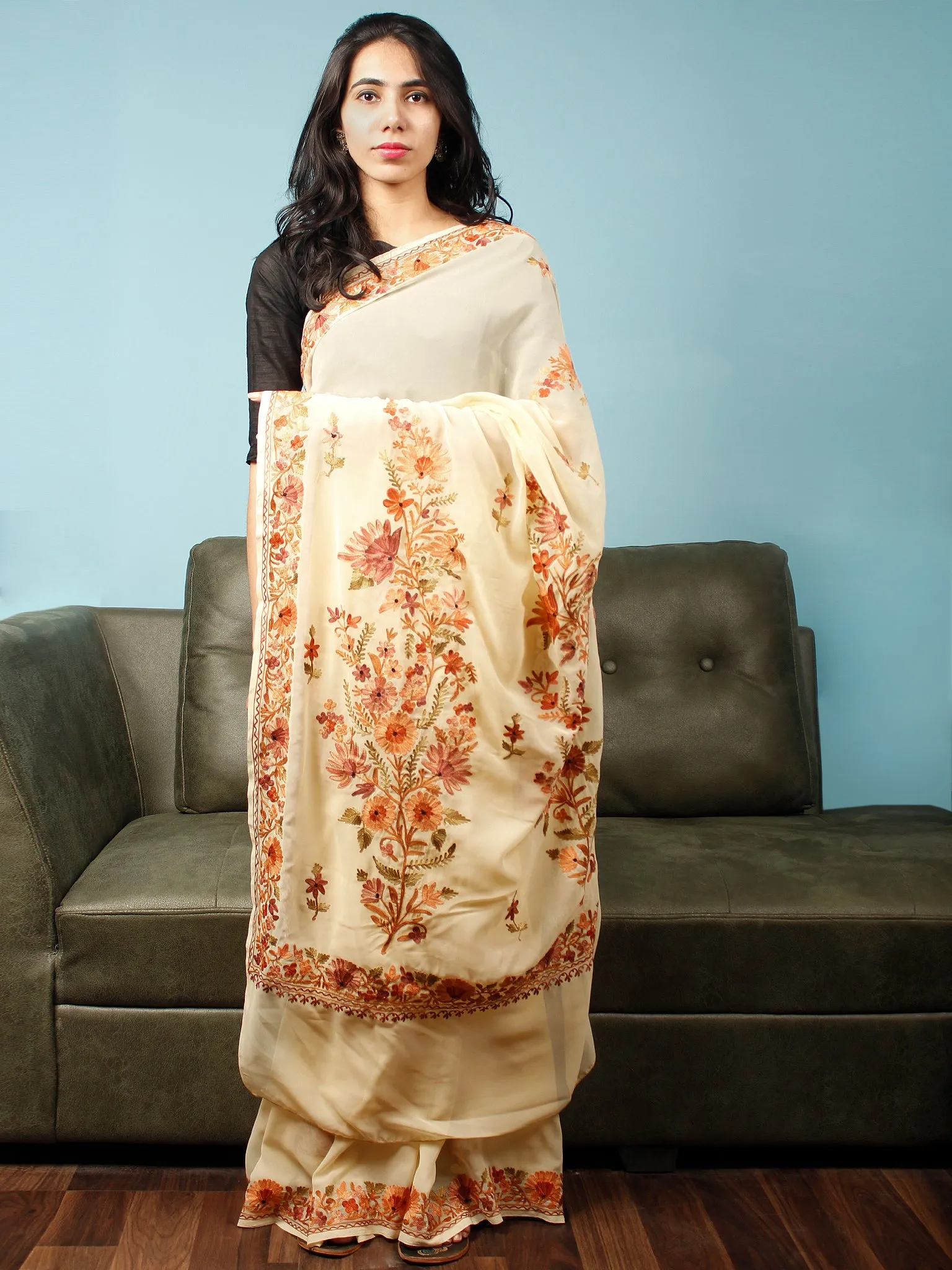 Ivory Rust Peach Aari Embroidered Chiffon Saree From Kashmir  - S031704063
