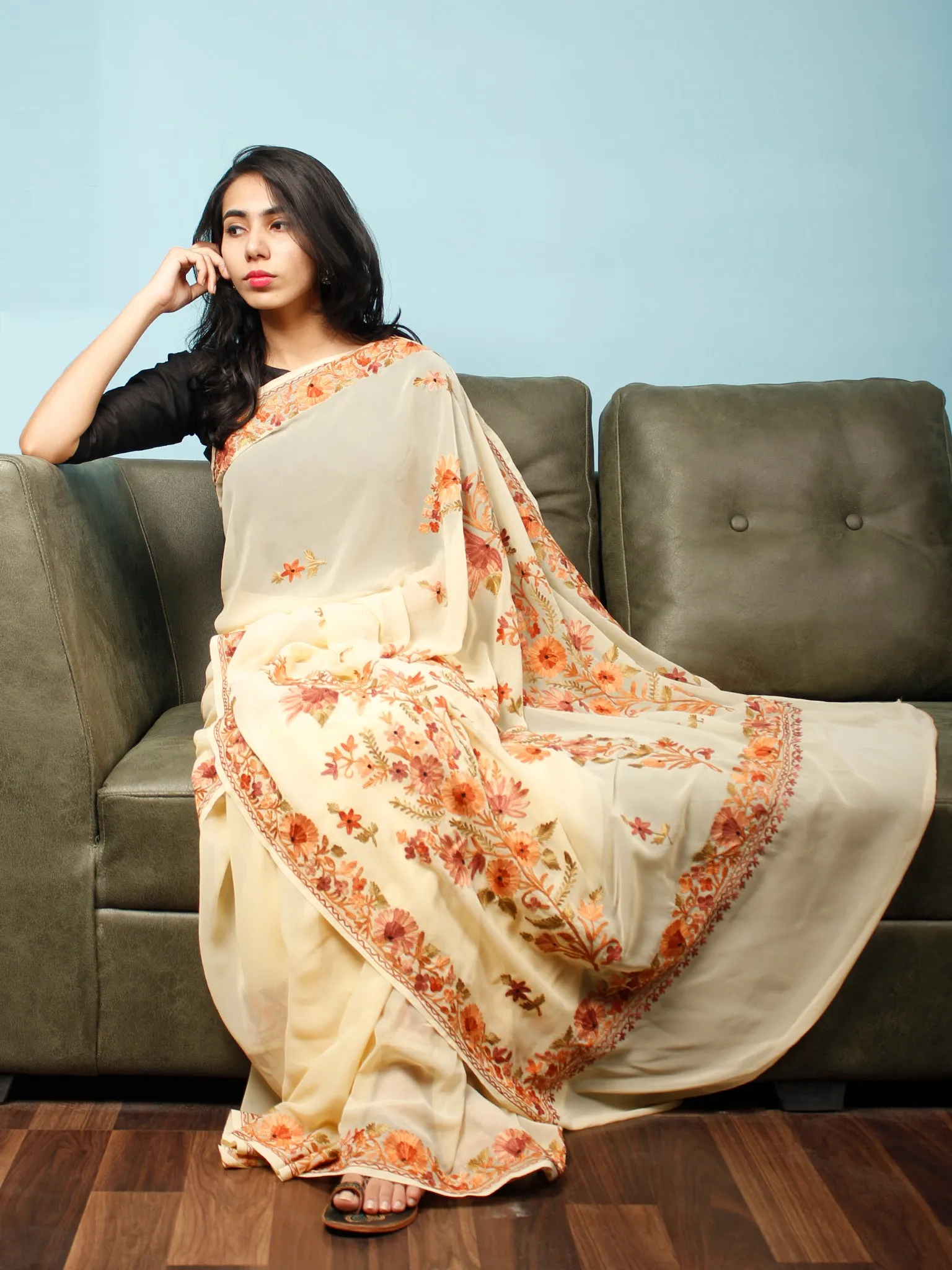 Ivory Rust Peach Aari Embroidered Chiffon Saree From Kashmir  - S031704063