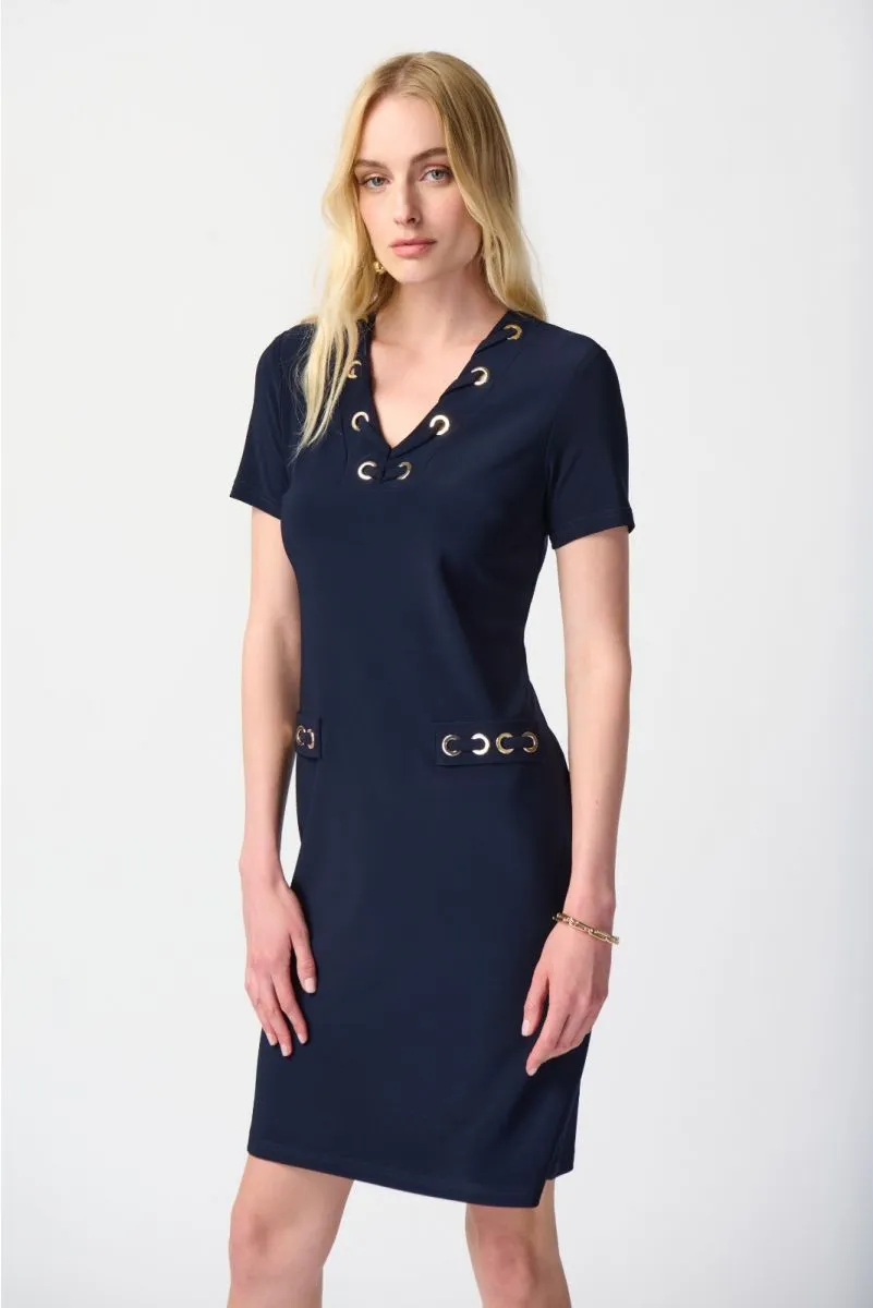 Joseph Ribkoff Midnight Blue Eyelet Details Short Sleeves Shift Dress 241012