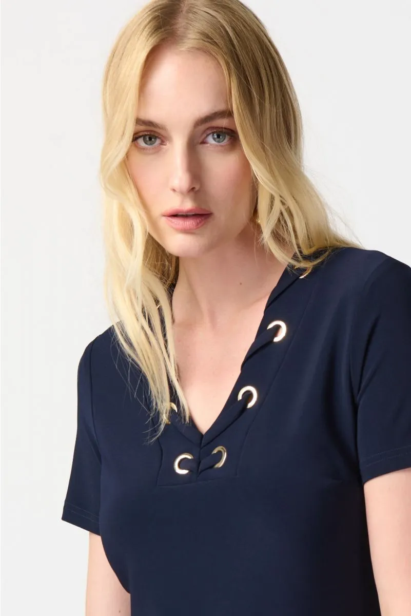 Joseph Ribkoff Midnight Blue Eyelet Details Short Sleeves Shift Dress 241012