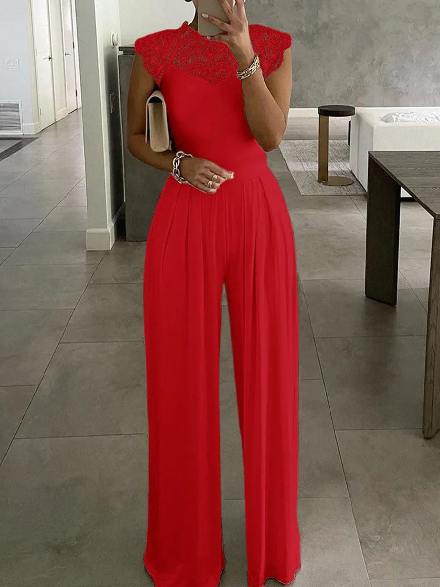 Lace Cutout Ruched Wide Leg Jumpsuit