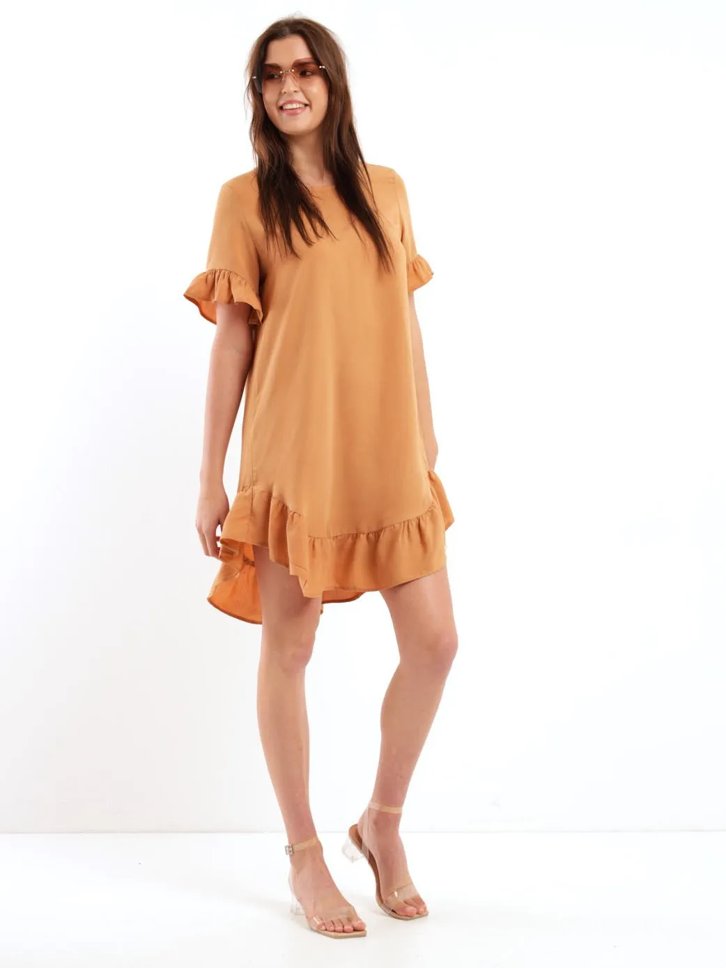 Ladies Short Sleeve Hilo Frill Hem Shift Dress - Sand Stone