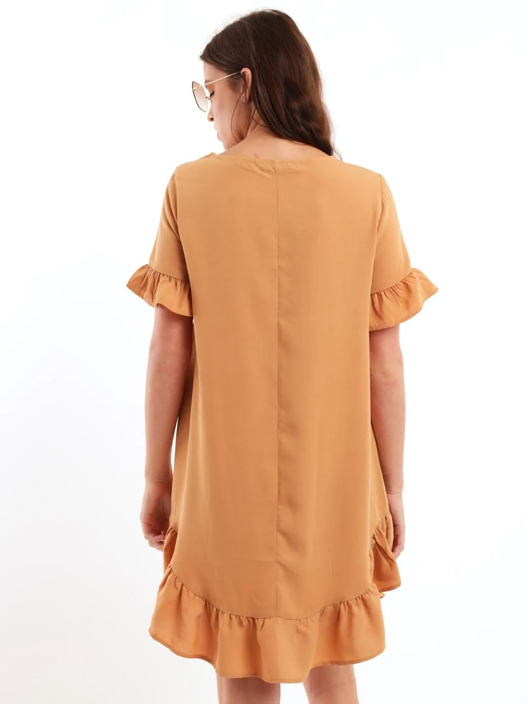 Ladies Short Sleeve Hilo Frill Hem Shift Dress - Sand Stone