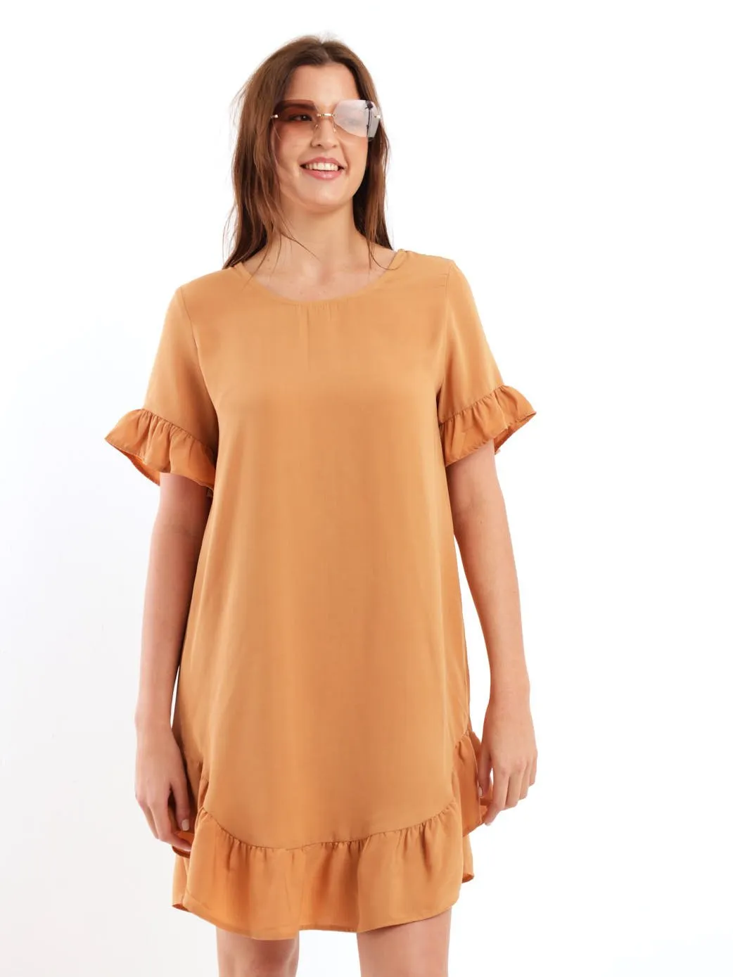Ladies Short Sleeve Hilo Frill Hem Shift Dress - Sand Stone