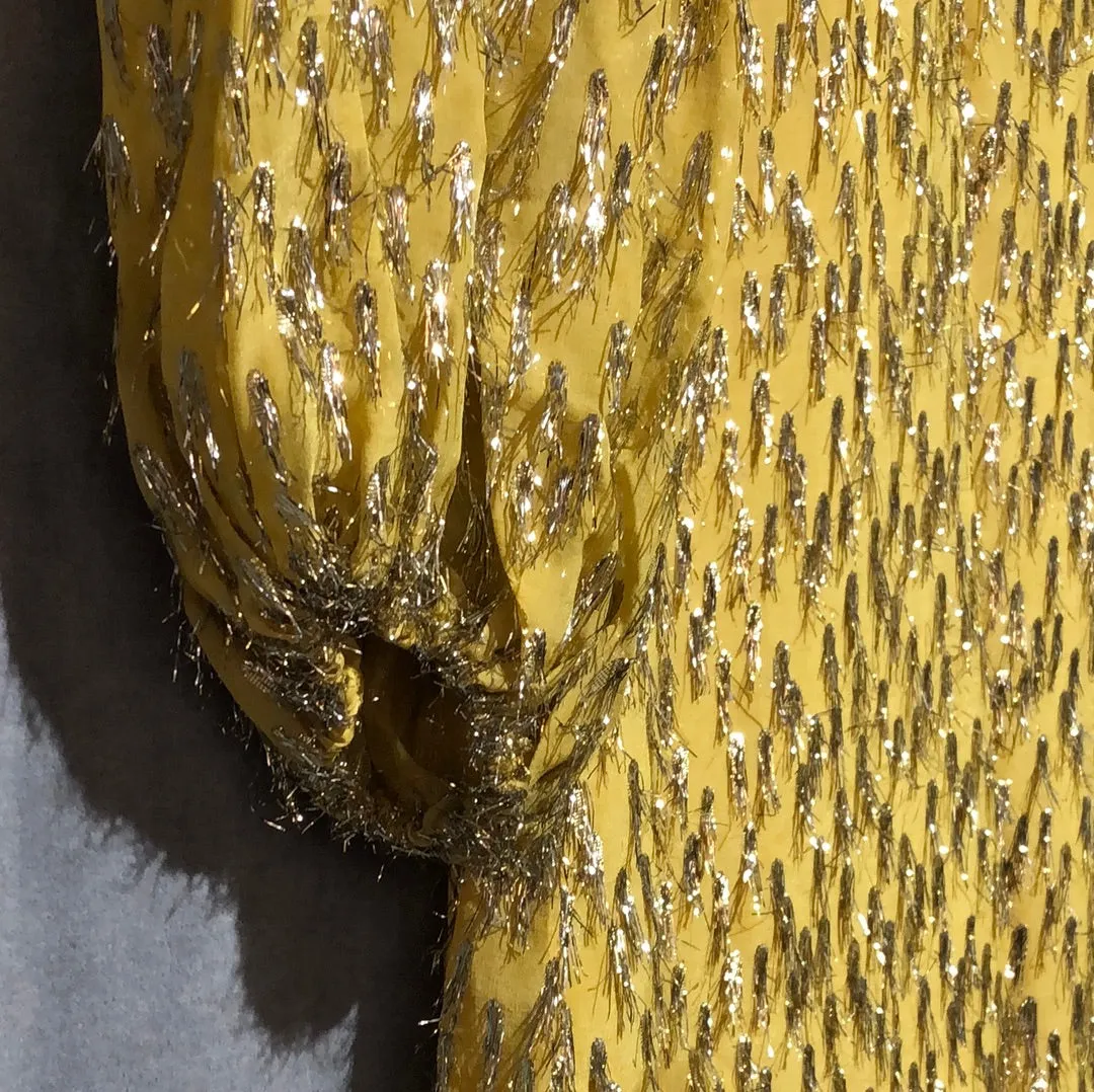 Lela Rose Yellow and Silver Metallic Long Sleeve Shift Dress with Back Crew Neck