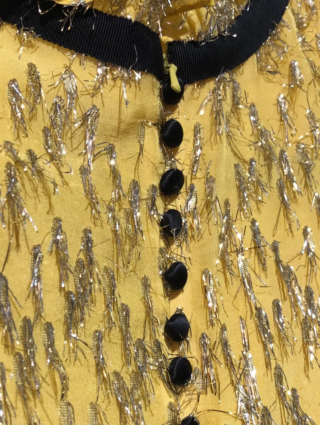 Lela Rose Yellow and Silver Metallic Long Sleeve Shift Dress with Back Crew Neck