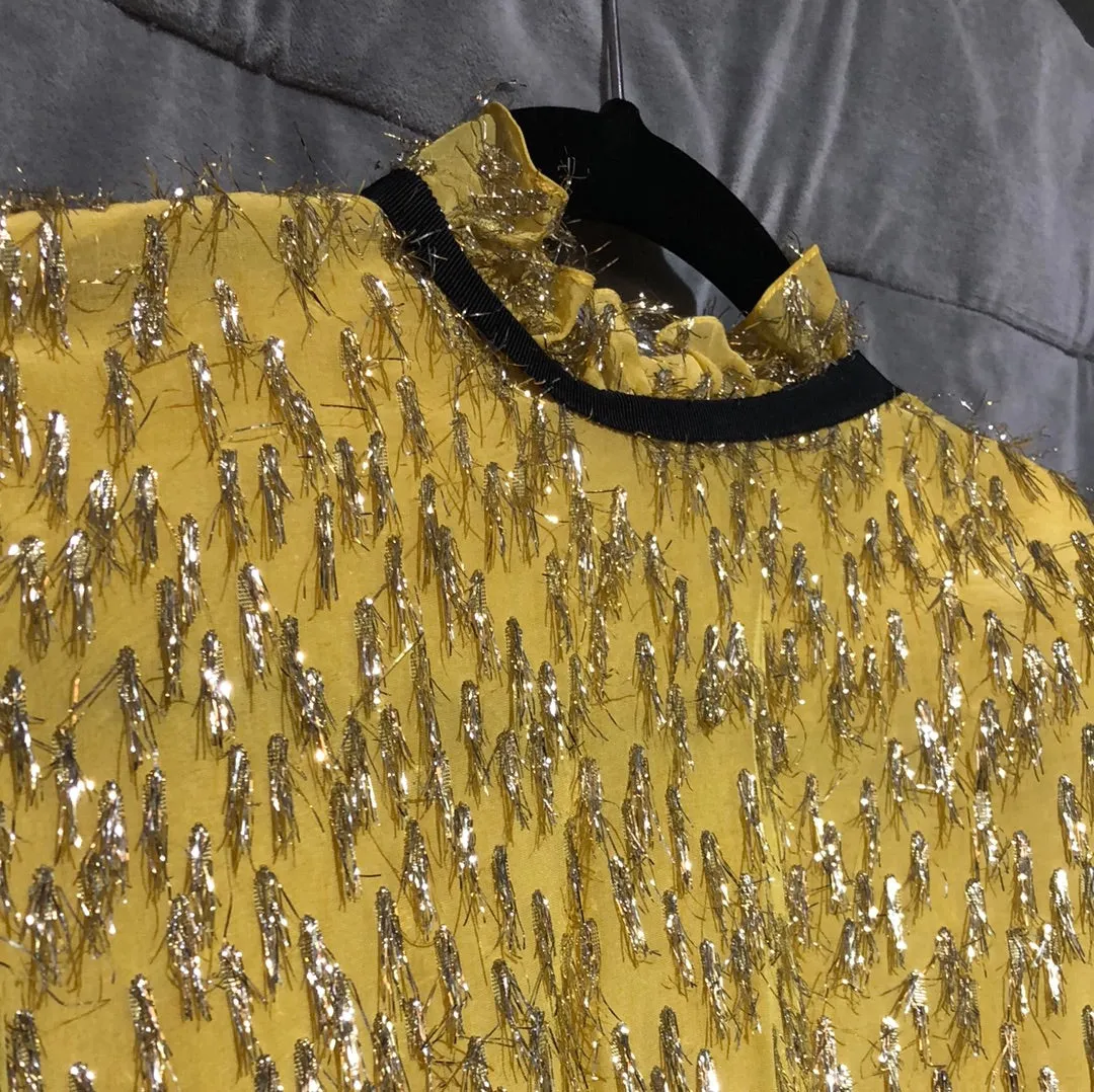 Lela Rose Yellow and Silver Metallic Long Sleeve Shift Dress with Back Crew Neck