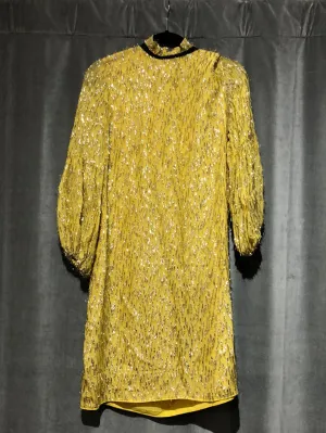 Lela Rose Yellow and Silver Metallic Long Sleeve Shift Dress with Back Crew Neck