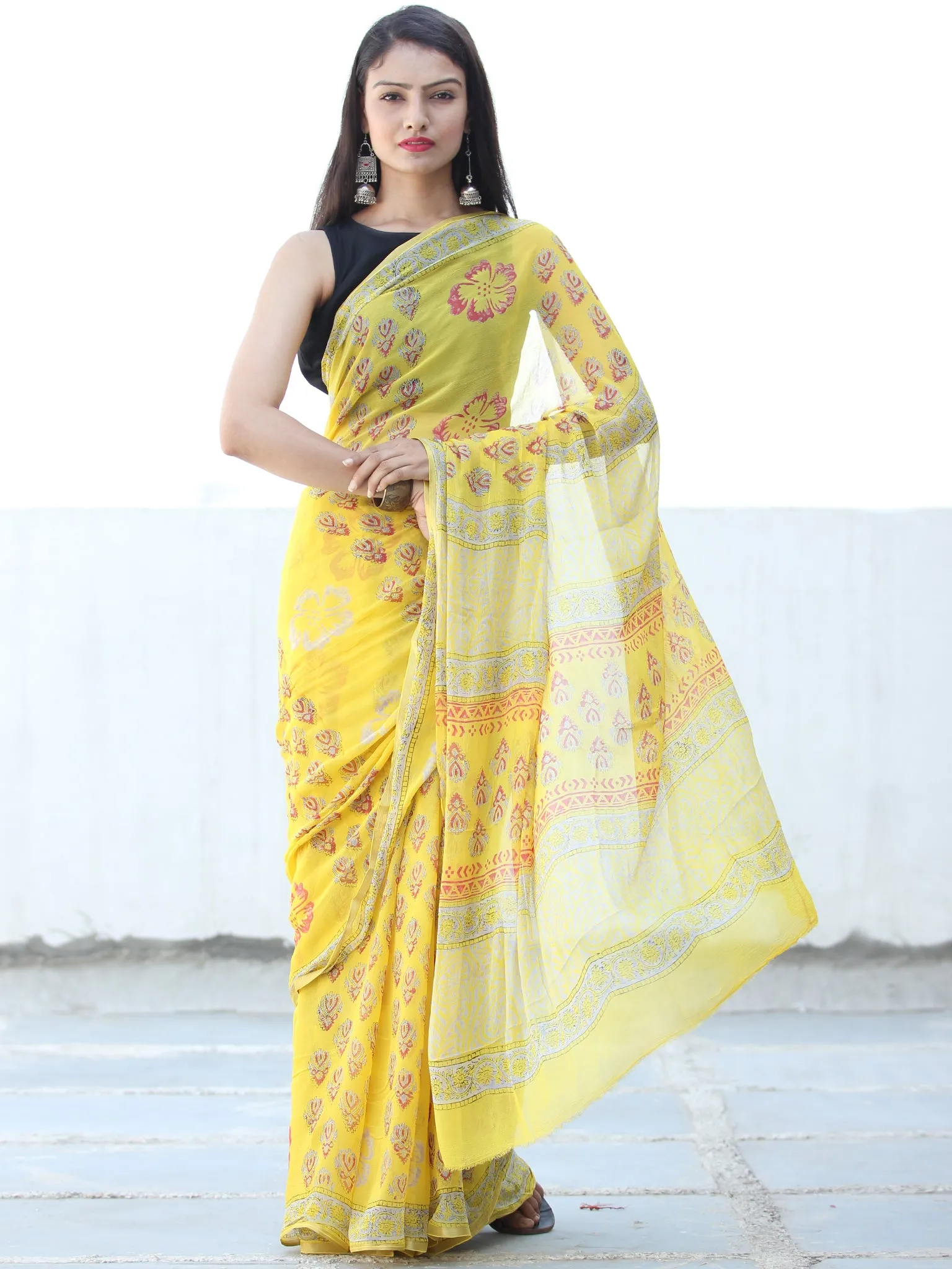 Lemon Yellow Coral Hand Block Printed Chiffon Saree with Zari Border - S031703931