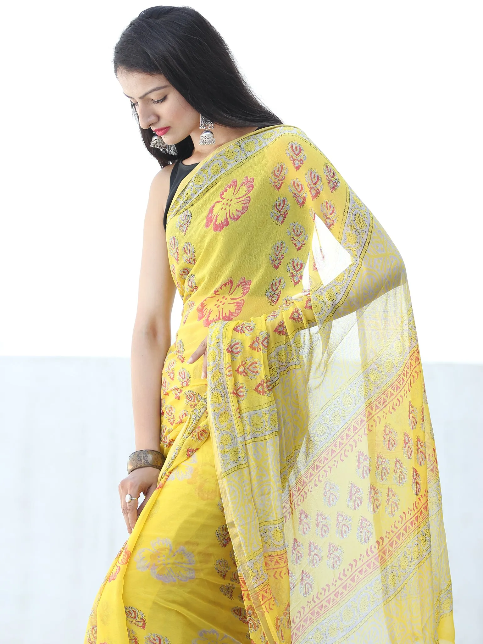 Lemon Yellow Coral Hand Block Printed Chiffon Saree with Zari Border - S031703931