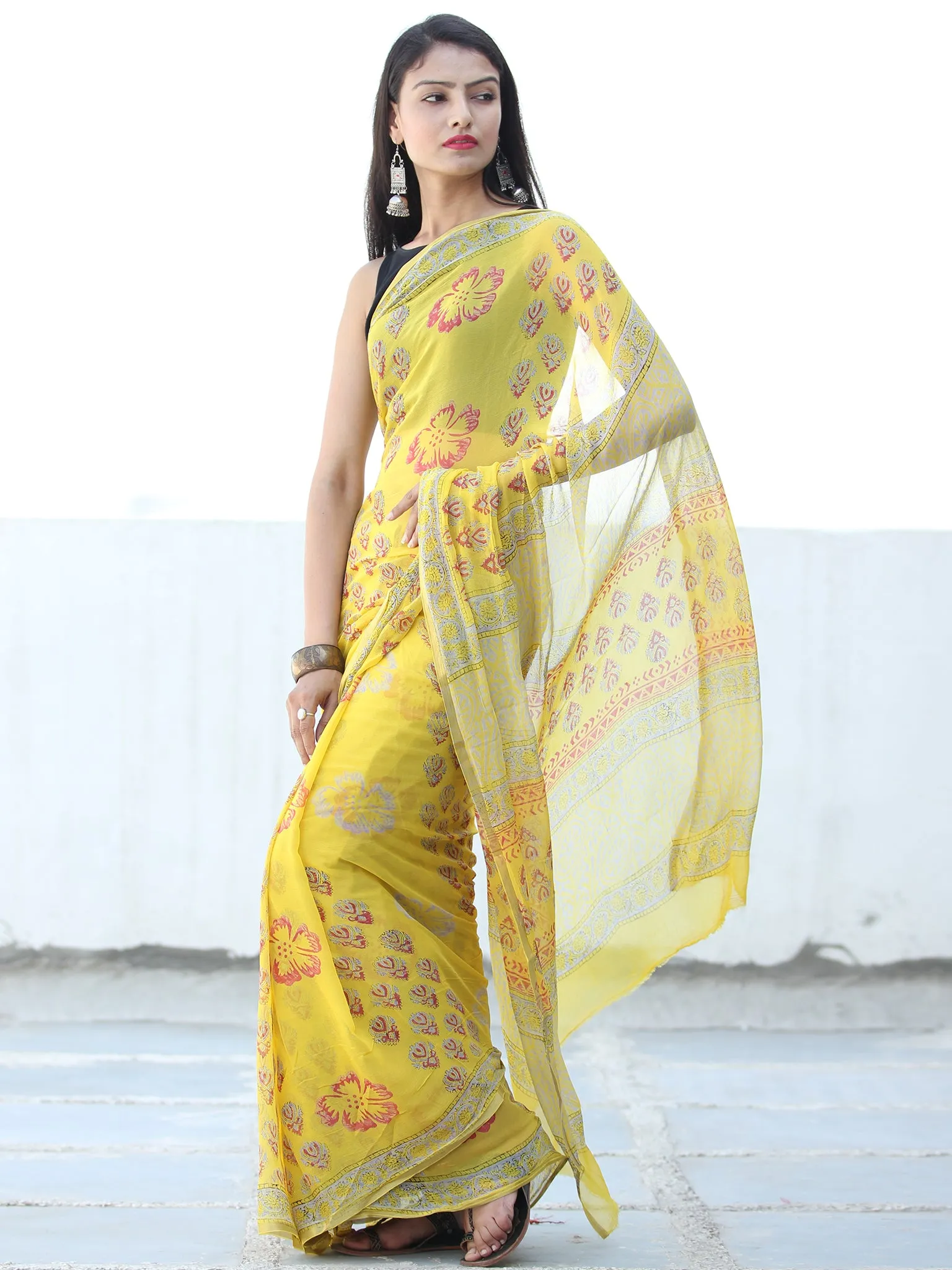 Lemon Yellow Coral Hand Block Printed Chiffon Saree with Zari Border - S031703931