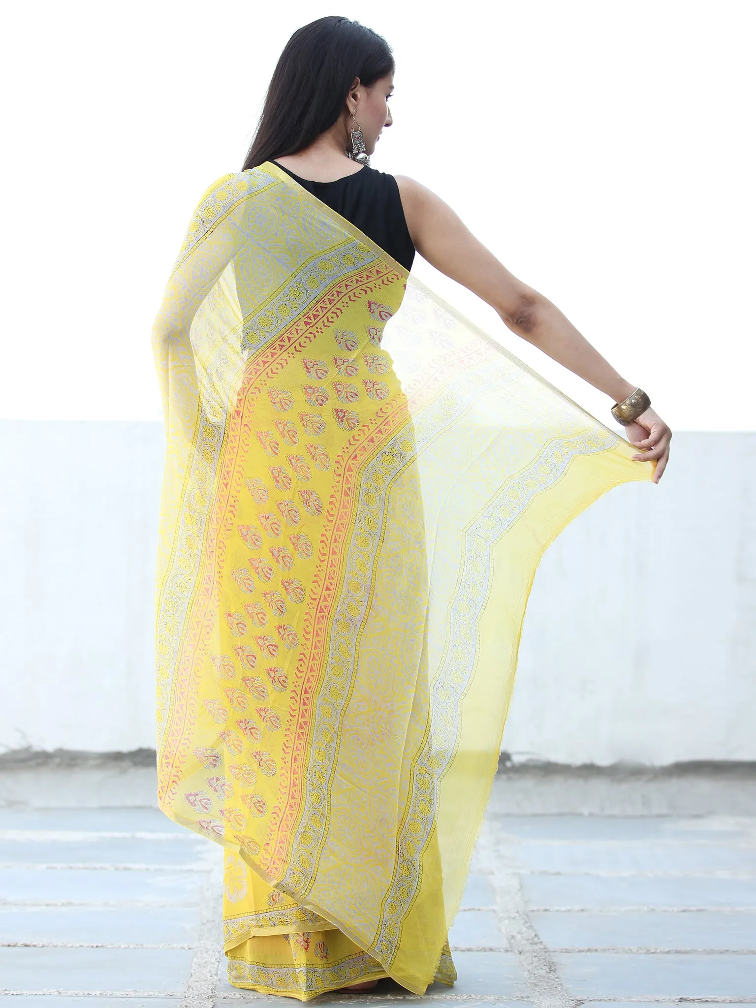 Lemon Yellow Coral Hand Block Printed Chiffon Saree with Zari Border - S031703931
