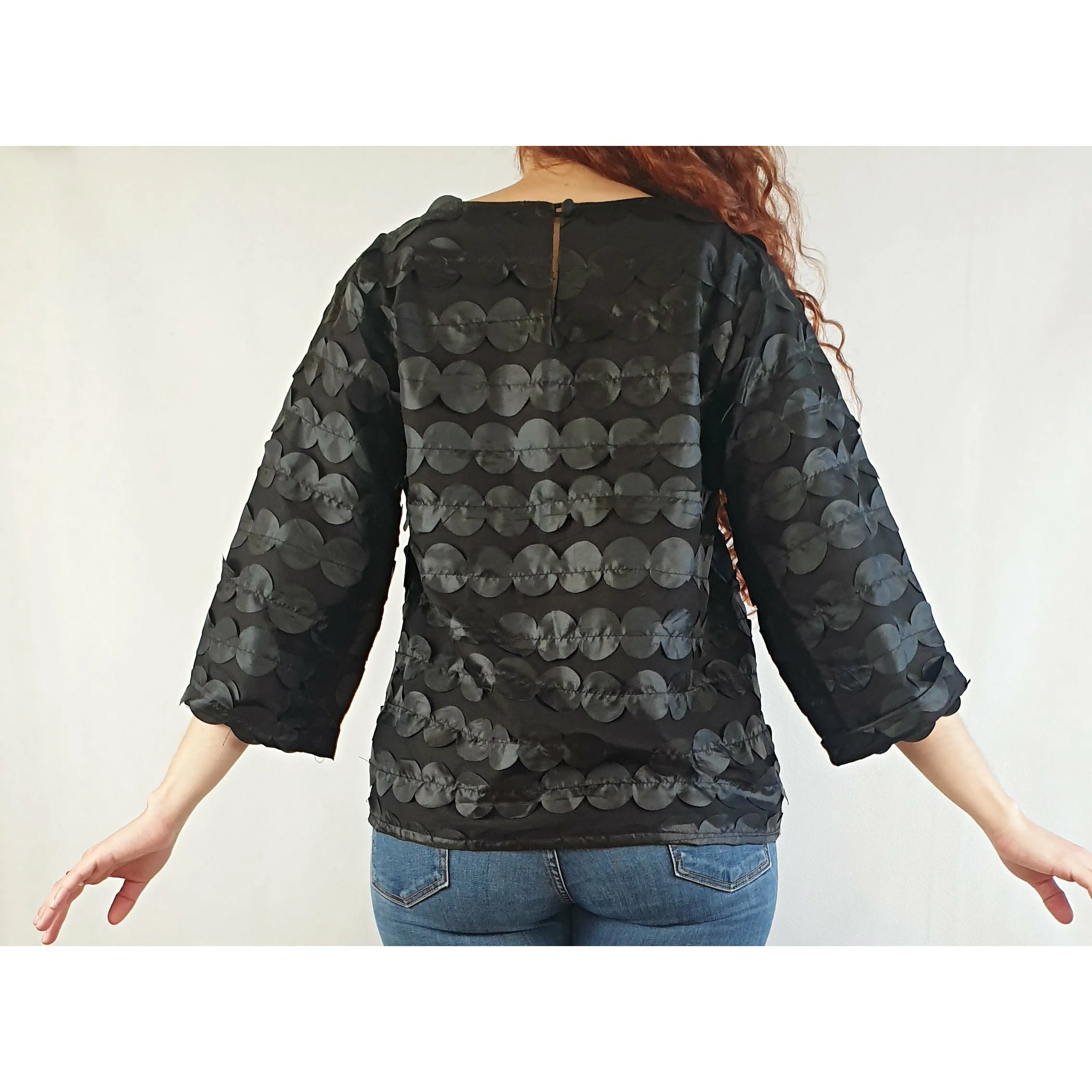 Leonard St black cotton long sleeve top with external polka dots size 10
