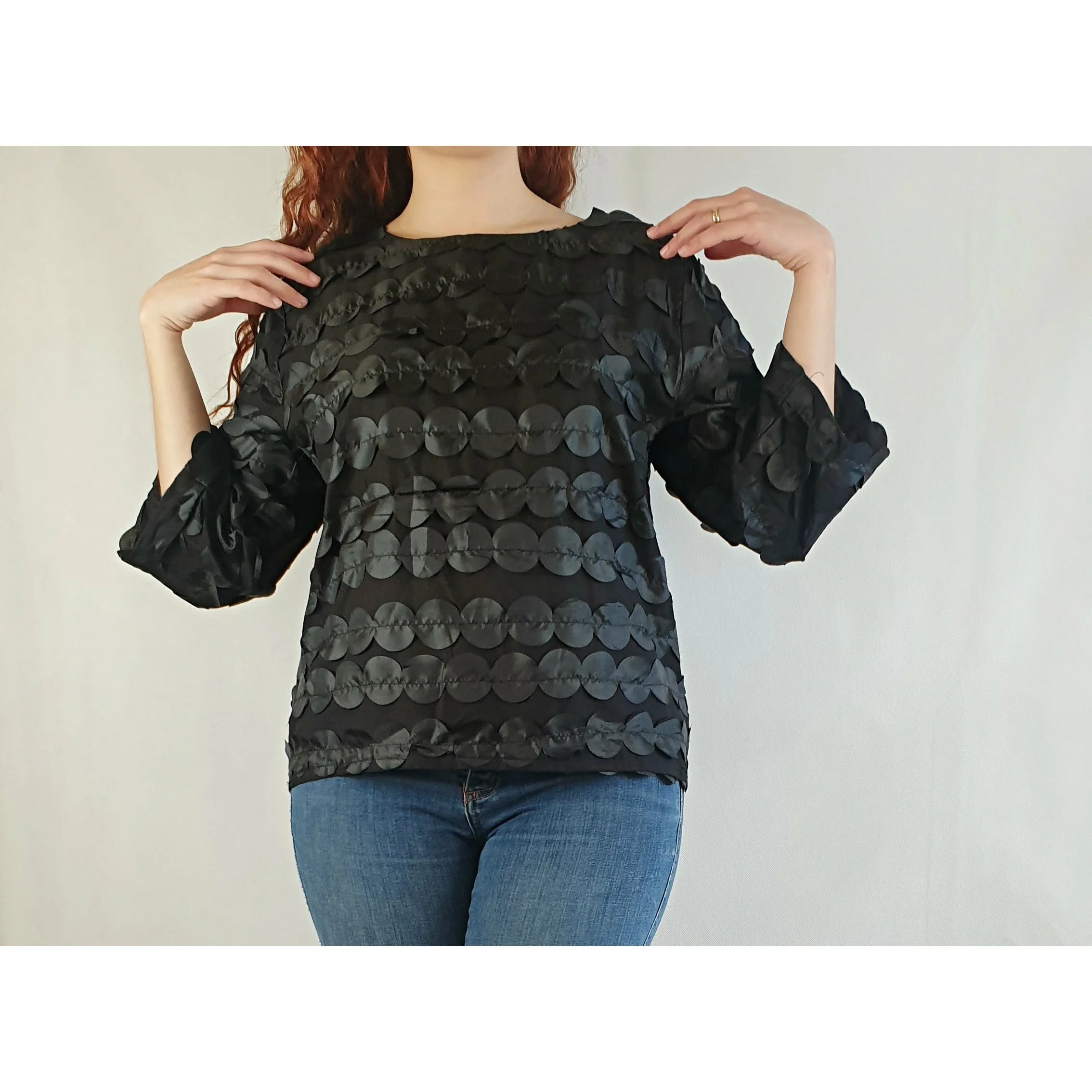 Leonard St black cotton long sleeve top with external polka dots size 10