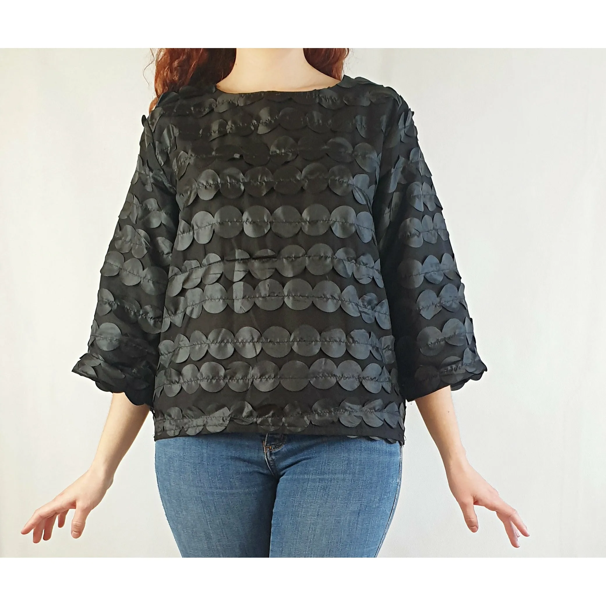 Leonard St black cotton long sleeve top with external polka dots size 10