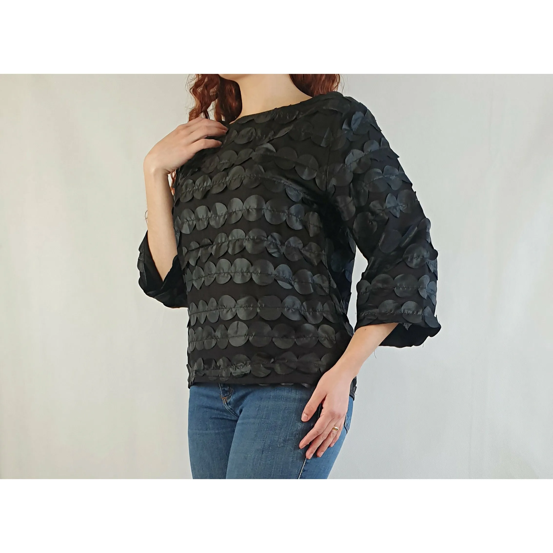 Leonard St black cotton long sleeve top with external polka dots size 10