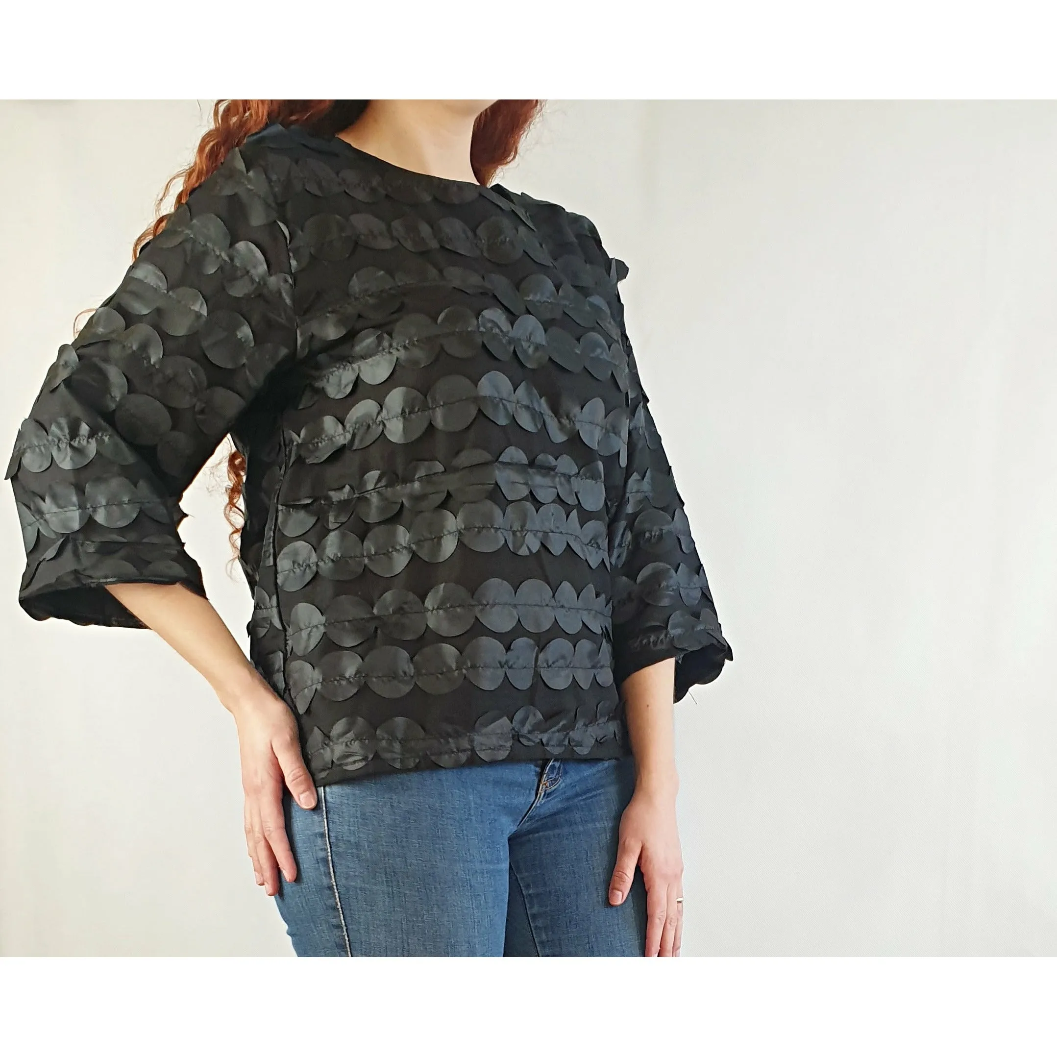 Leonard St black cotton long sleeve top with external polka dots size 10