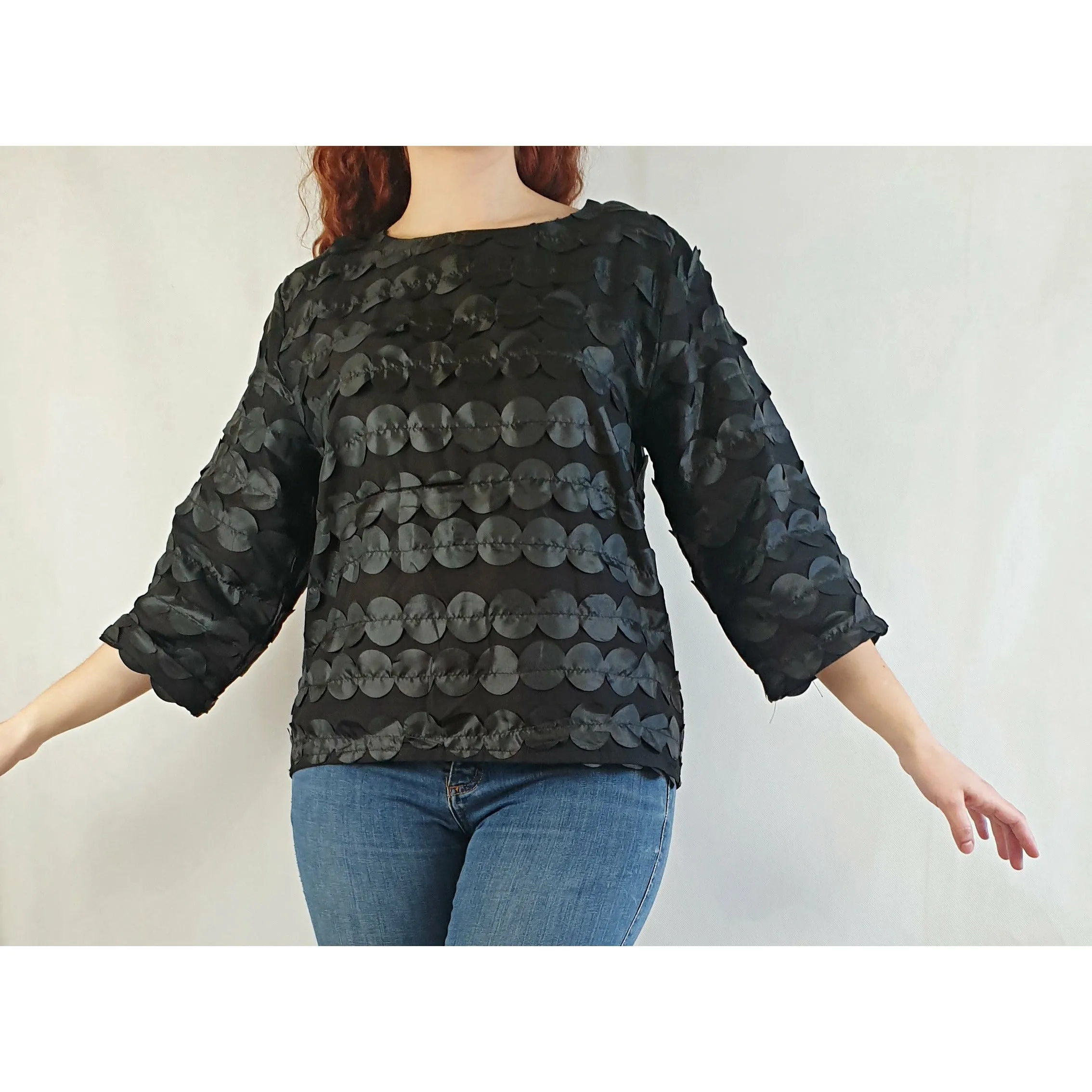 Leonard St black cotton long sleeve top with external polka dots size 10