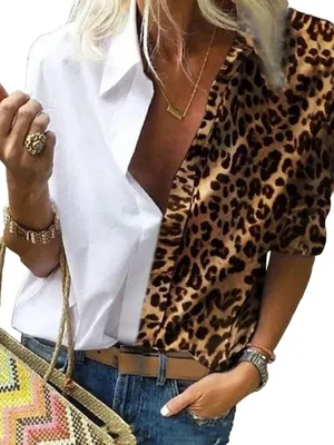 Leopard Contrast Print Chiffon Blouse