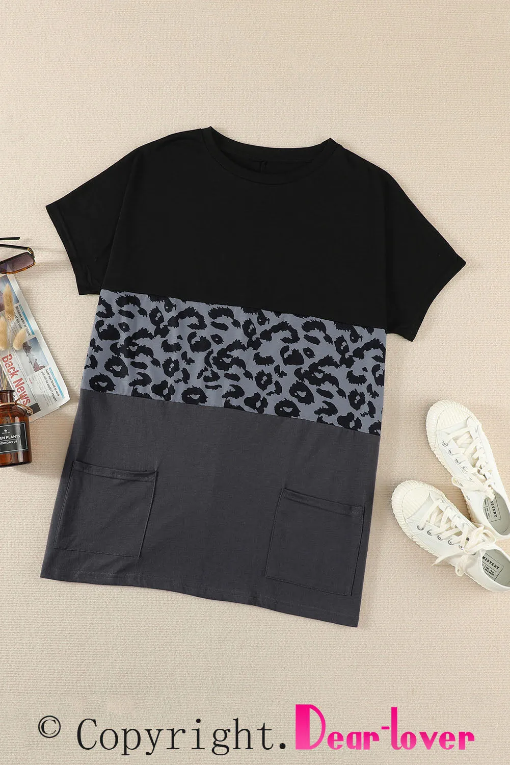 Leopard Triple Colorblock Splicing Short Sleeve Mini Dress with Pockets