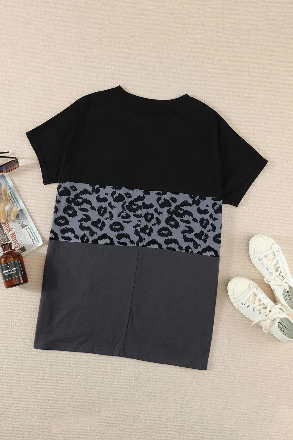 Leopard Triple Colorblock Splicing Short Sleeve Mini Dress with Pockets